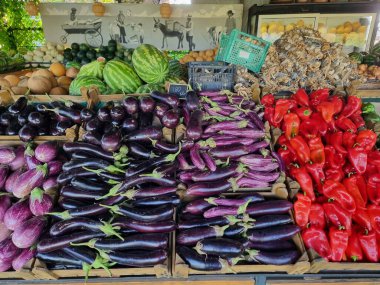 fruits in kiosk autun season grapes tomatoes plums lemons cherries vegetables fresh clipart