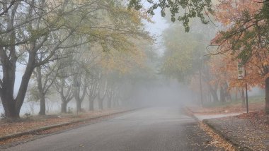 Yunan İoannina şehrinde yol sokakları sisli sonbahar sezonu 