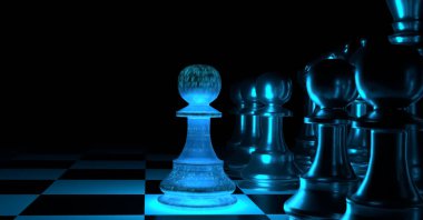 Satranç piyonu koyu siyah arka planda bir mavi ışık ilk kazanan çift ön strateji savaşı - 3D