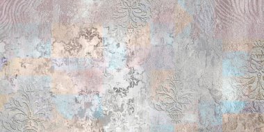 Grunge concrete wall with ornaments and prints. Digital tiles design. 3D render Colorful ceramic wall tiles decoration. Abstract damask patchwork background. High quality photo clipart