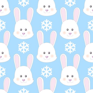 Kar taneli şirin çizgi film tavşanı. Çocuklar için Tekstil Baskı Tasarımı. Tekstil, ambalaj kağıdı, kartpostal. - Evet. Vektör illüstrasyonu