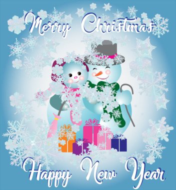Christmas vector greeting card. A couple of snowmen with christmas gifts surounded by flying snowflakes. Vector illustration