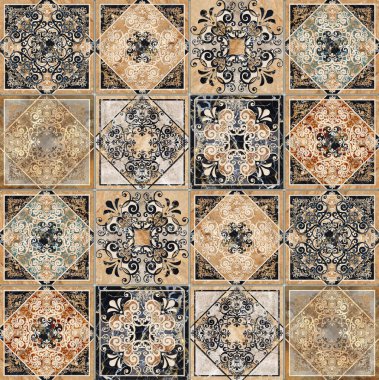 Dijital fayans tasarımı. Soyut damaske yama işi dikişsiz desenli vintage fayanslar. Yüksek kalite fotoğraf