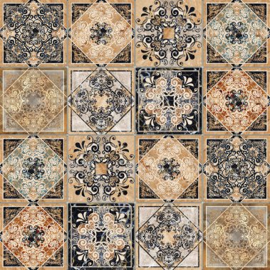 Dijital fayans tasarımı. Soyut damaske yama işi dikişsiz desenli vintage fayanslar. Yüksek kalite fotoğraf