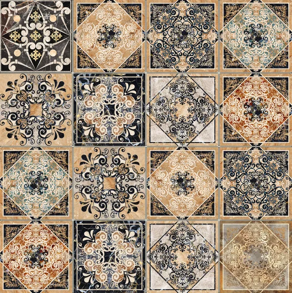 Digital Tiles Design Abstract Damask Patchwork Seamless Pattern Vintage Tiles — Stockfoto