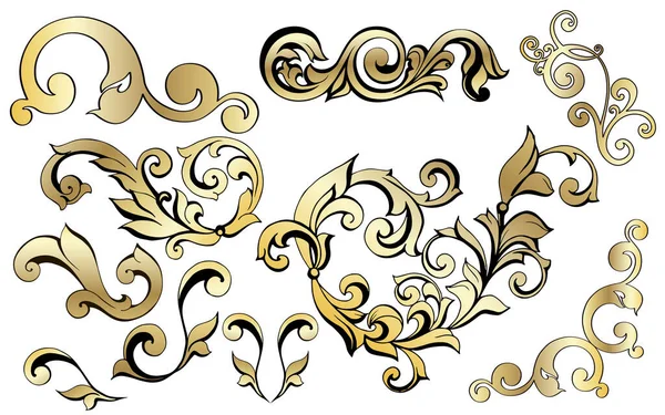 境界線 アンティークアカンサス ダマスクスクロール装飾渦巻 ビクトリア朝のモノグラム紋章シールド渦巻き レトロな花の葉のパターンの境界線の葉 — ストックベクタ