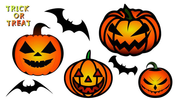 Vector Halloween set, Jack o Lantern pumpkin laughing scary face and flying black bats