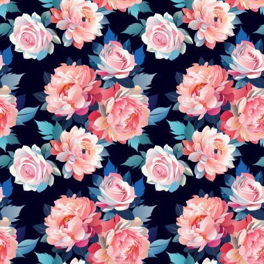 Yaprakları pürüzsüz, geri döndürülebilir desenli güller ve şakayıklar. Kumaş elbise, klasik dekoratif baskı. El çizimi vektör çiçeği soyut arkaplanı.