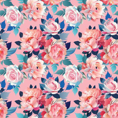 Yaprakları pürüzsüz, geri döndürülebilir desenli güller ve şakayıklar. Kumaş elbise, klasik dekoratif baskı. El çizimi vektör çiçeği soyut arkaplanı.