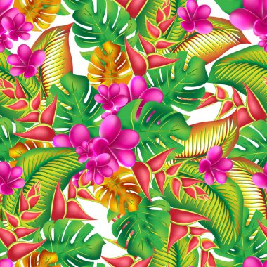  Palmiye yaprağı, canavar, pembe tesisat çiçeği, amber çiçeği, egzotik tropik yaz çiçekleri ve yaprakları..