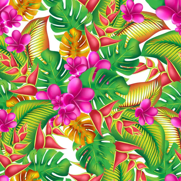  Palmiye yaprağı, canavar, pembe tesisat çiçeği, amber çiçeği, egzotik tropik yaz çiçekleri ve yaprakları..