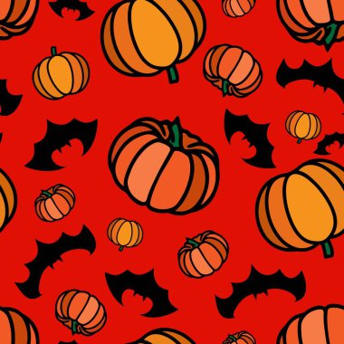 Cadılar Bayramı uçan yarasalarıyla sonbahar balkabağı deseni. Şükran Günü sebze dikişleri baskısı. Sonbahar temalı tekrarlanan yazdırma.