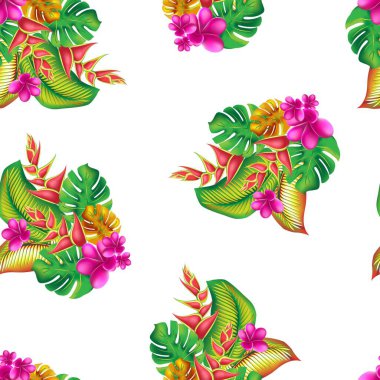 Orman çiçeği ve tropik desenler bırakır. Palmiye yaprağı, canavar, pembe tesisat çiçeği, amber çiçeği, egzotik tropik yaz çiçekleri ve yaprakları..