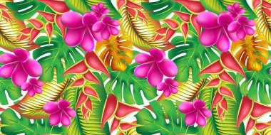 Palmiye yaprağı, amber çiçeği ve pembe su çiçekleri soyut arka planda. Son moda yaz egzotik çiçek deseni.