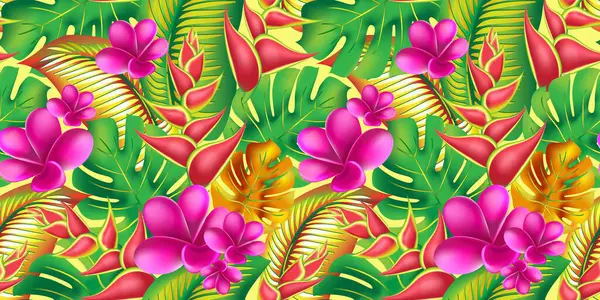 Palmiye yaprağı, amber çiçeği ve pembe su çiçekleri soyut arka planda. Son moda yaz egzotik çiçek deseni.