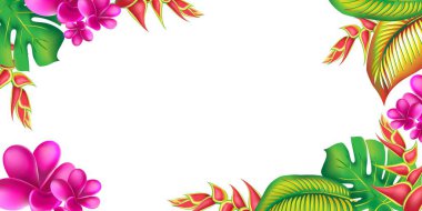 Orman çiçeği, tropik pankart tasarımı. Palmiye yaprağı, canavar, pembe tesisat çiçeği, amber çiçeği, egzotik tropik yaz çiçekleri ve yaprakları..