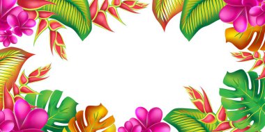 Palmiye yaprağı, amber çiçeği ve pembe su çiçekleri soyut arka planda. Son moda yaz egzotik çiçek pankartı şablonu.