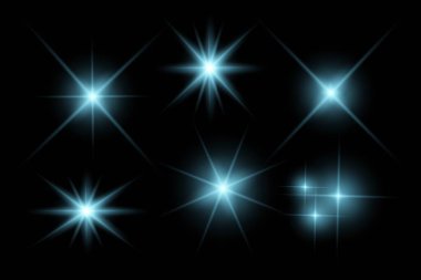 Parlak mavi ışıklar, yanıp sönen ışıklar, ışık efektleri, güneş ışığı parlaması, ışıldayan ışınlar, siyah arka planda parıldayan yıldız sikonu..