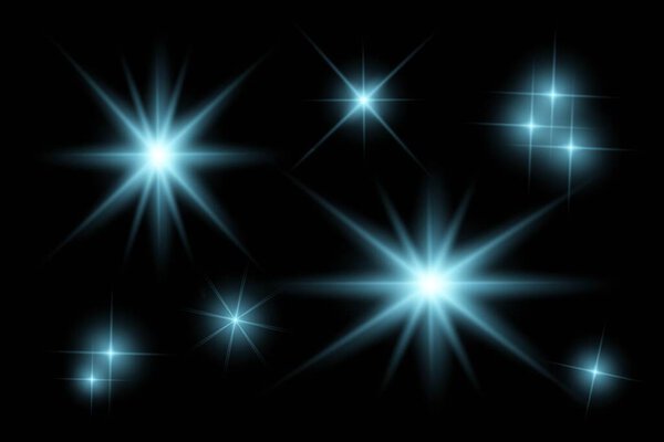 Sparkle blue lights, flashing lights, light effects, sunlight lens flare, glowing ray beams, sparkling starsicon on black background.