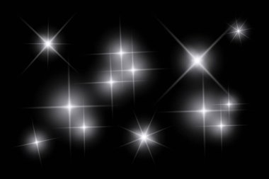 Parıldayan ışıklar, yanıp sönen ışıklar, ışık efektleri, güneş ışığı parıltısı, parıldayan ışınlar, siyah arkaplanda parıldayan yıldız sikonu..