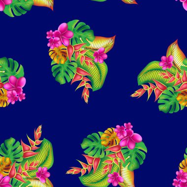 Orman çiçeği ve tropik desenler bırakır. Palmiye yaprağı, canavar, pembe tesisat çiçeği, amber çiçeği, egzotik tropik yaz çiçekleri ve yaprakları..