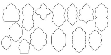 Mashrabiya koleksiyonu. Arap penceresi ve İslami kapılar çerçeve seti. Doğulu mimari elementleri. 