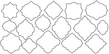 Mashrabiya ikon koleksiyonu. Arap penceresi ve İslami kapılar çerçeve biçiminde. Doğulu Müslüman mimari elementleri.