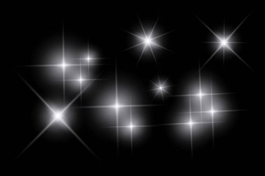 Parıldayan ışıklar, yanıp sönen ışıklar, ışık efektleri, güneş ışığı parıltısı, parıldayan ışınlar, siyah arkaplanda parıldayan yıldız sikonu..