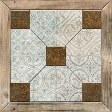 Süs ve parmak izleriyle birlikte beton bir duvar. Dijital fayans tasarımı. 3 boyutlu rengarenk seramik duvar döşemeleri dekorasyonu. Soyut damaske yama arkaplanı