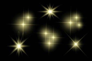 Parıldayan ışıklar, yanıp sönen ışıklar, ışık efektleri, güneş ışığı parıltısı, parıldayan ışınlar, siyah arkaplanda parıldayan yıldız sikonu..