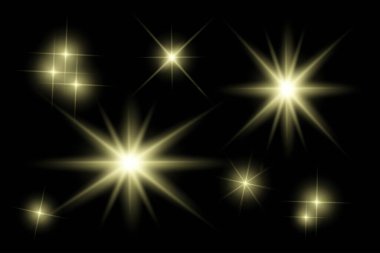 Parıldayan ışıklar, yanıp sönen ışıklar, ışık efektleri, güneş ışığı parıltısı, parıldayan ışınlar, siyah arkaplanda parıldayan yıldız sikonu..