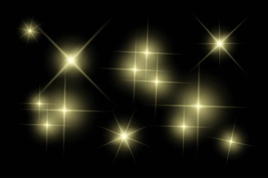 Parıldayan ışıklar, yanıp sönen ışıklar, ışık efektleri, güneş ışığı parıltısı, parıldayan ışınlar, siyah arkaplanda parıldayan yıldız sikonu..