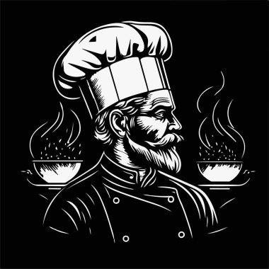Master Chef Vintage Wood Carving Line Art Silhouette Restaurant Business Logo