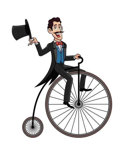 1800年维多利亚时代的人骑着高轮自行车与长帽打招呼 — 图库照片