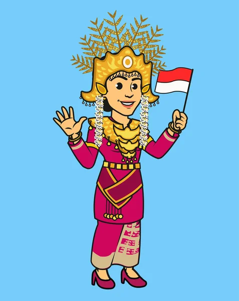 Indonésio Nativo Lampung Mulher Tradicional Vestido Carregando Bandeira Imagem De Stock