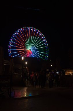 Bir dönme dolap, Almanya 'nın Grmitz kentindeki renkli ışıklarla aydınlatılmış gece gökyüzü ve denizin arka planında bir eğlence gezisi.