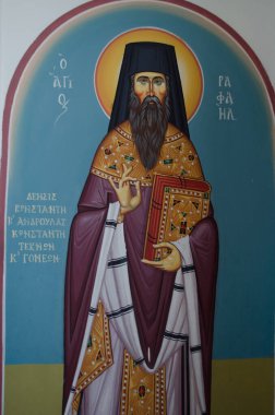 Peygamber Elias İkonları Ortodoks Kilisesi, Protaras, Kıbrıs, 12.06.2014, Kilisede İsa, Bakire Meryem ve çeşitli azizleri resmeden geleneksel Ortodoks simgeleri sergilenmektedir. 