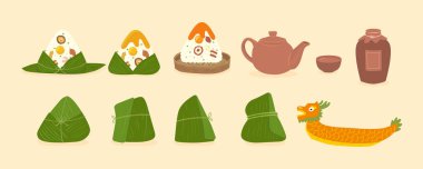 Zongzi, realgar şarap, çaydanlık, bardak, bambu sepeti ve ejderha teknesi gibi çeşitli ambalaj stilleriyle sunulan Ejderha Teknesi Festivali elementlerinin düz bir çizimi