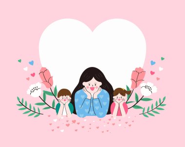 A sweet Mothers Day illustration of a mother with her daughter and son surrounded by flowers and hearts. Ideal for cards, posters, and spring festival content