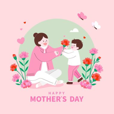 Anneler Günü 'nde annesine kırmızı karanfil veren genç bir oğlun yürek ısıtan bir görüntüsü. Anne çiçekleri alırken sıcacık gülümsüyor. Etrafı pembe çiçeklerle, kelebeklerle ve aşk sembolleriyle çevrili.