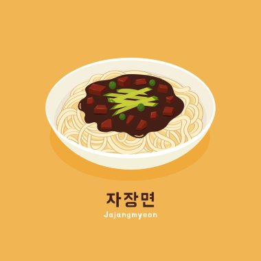 Jajangmyeon, Kore fasulyeli erişte dilimlenmiş salatalıkla servis edilir. Düz vektör tarzıyla gösterilmiş klasik ve lezzetli bir Kore yemeği.