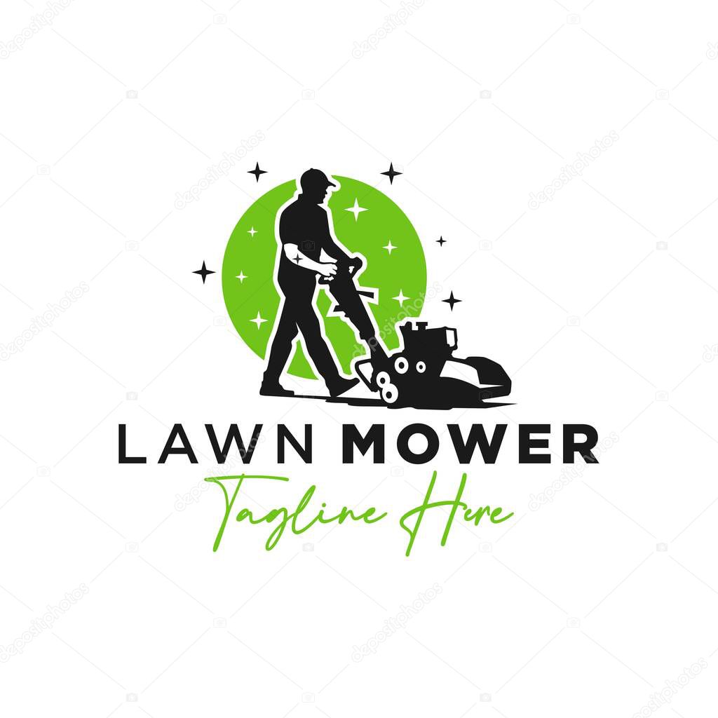 Logo design of person mowing golf course grass