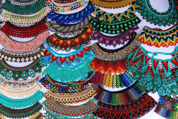Colorful Necklaces Bracelets Made Beads Traditional Ethnic Group Saraguro Loja — Stock Photo, Image