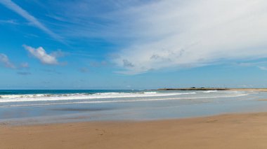 Güneşli bir günde mavi gökyüzü ile güzel tropik plaj ve okyanus manzarası.