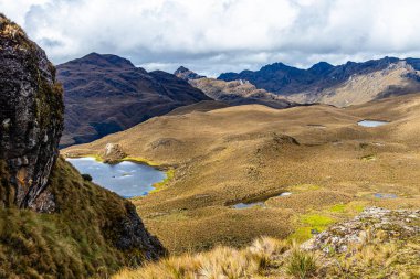 Ekvador And Dağları 'ndaki El Cajas Milli Parkı' nın yamaçlarında. Negro Gölü, Amarillo Dağı 'nın yamacında Paramo ekosistemi. İrtifa deniz seviyesinden 4050 metre yukarıda.