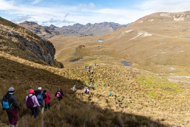 Cajas, Ekvador-11 Ağustos 2024: El Cajas Ulusal Parkı, Ekvador And Dağları. Turistler deniz seviyesinden 4150 metre yükseklikteki dağlık bölgede yürüyüş parkurunda. Amarillo Dağı 'nın yamaçlarındaki Pramo ekosistemi.