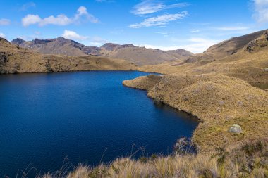 Ekvador And Dağları 'ndaki El Cajas Ulusal Parkı. Dağ manzarası. Larga Gölü (laguna Larga) deniz seviyesinden 4000 metre yükseklikte. Paramo ekosistem. Cuenca yakınlarındaki Azuay Vilayeti.