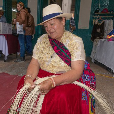 Cuenca, Ekvador - 13 Nisan 2024 Cuenca El Sanatları Fuarı. Bir kadın doğal bir lif olan samandan Panama ya da Paja Toquilla şapkası dokuma tekniği gösterir. UNESCO İnsanlığın Soyut Kültürel Mirası