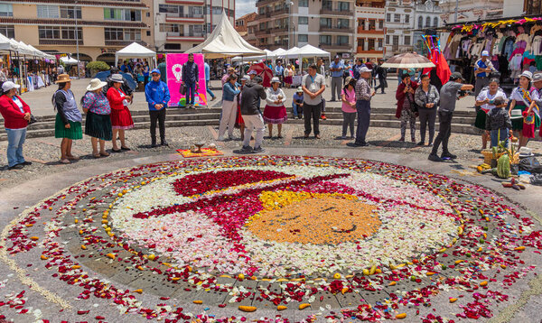 Cuenca, Ecuador - October 25, 2024: Group of people holds the Andean spiritual ceremony Chakana (Chacana) or Andean Cross, Ceremony in homage to Pachamama (Mother Earth) on San Francisco plaza, Cuenca