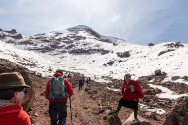 Chimborazo, Ekvador - 20 Nisan 2025: Karlı güneşli Chimborazo volkanı, Chimborazo rezervi, And Dağları. Bir grup turist Whymper Rezervi 'ne çıkıyor. Yerel bir Keçuva kadın rehberi yürüyüşçüleri selamlıyor.